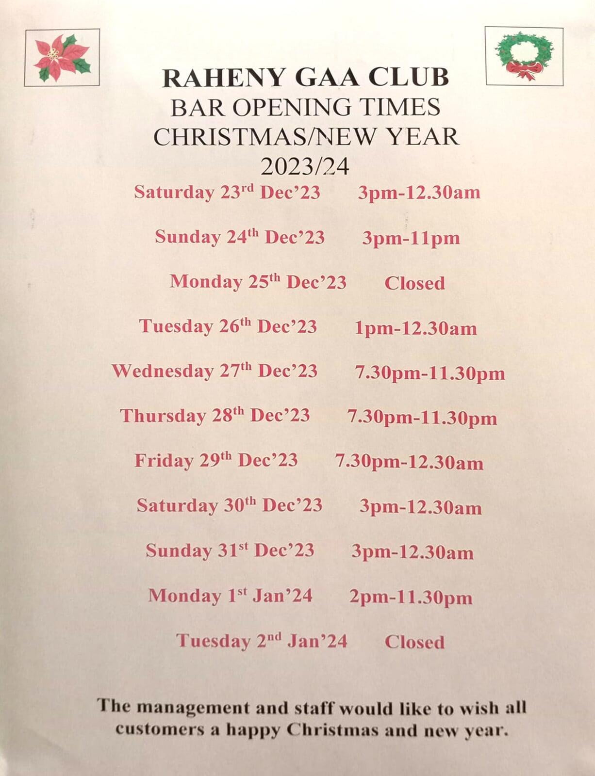 Christmas Bar Opening Times 