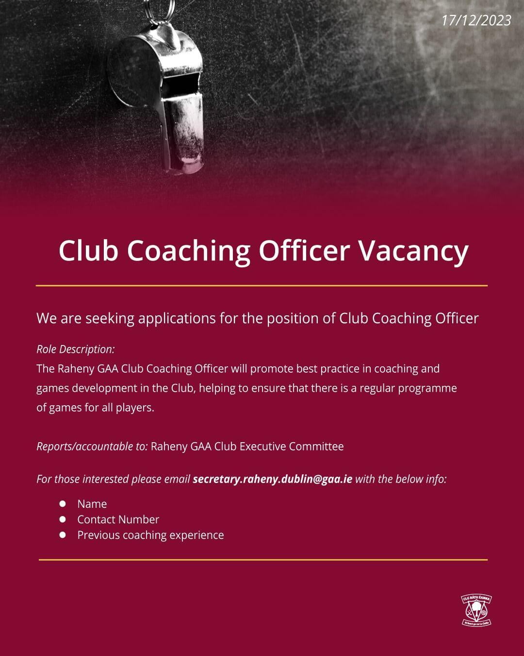 Club Coaching Officer Vacancy 
